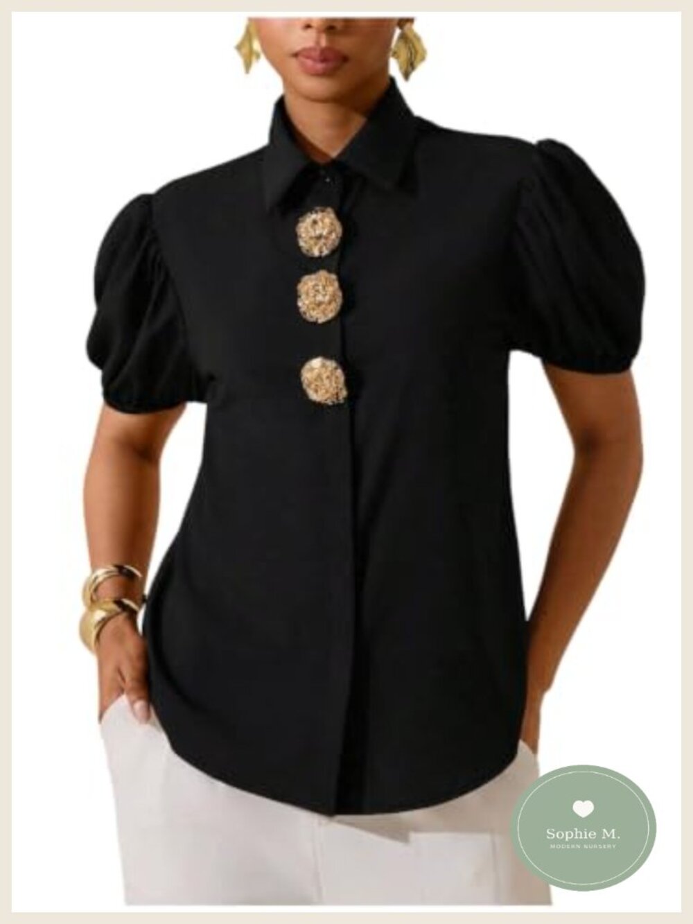 Elegant Metal Button Down Shirt Dressy Casual Collared Puff Sleeve Office Work